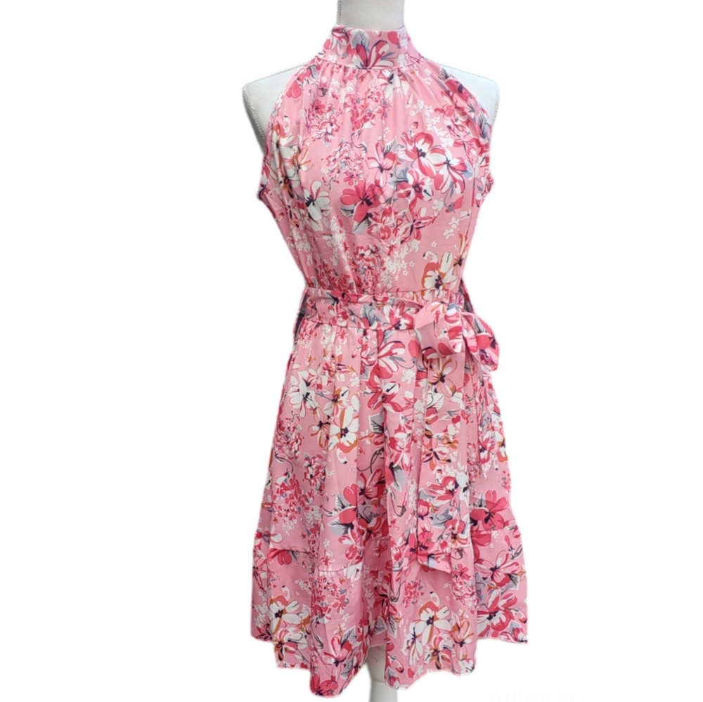 Spring Summer Dress Pink Floral Halter Neck Sleeveless A Line Ruffled Hem - Picture 4 of 9